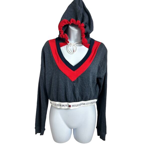 Womens Tommy Hilfiger Retro Cropped Lounge Hoodie Sz Small Sweatshirt V-Neck NEW - Picture 3 of 11
